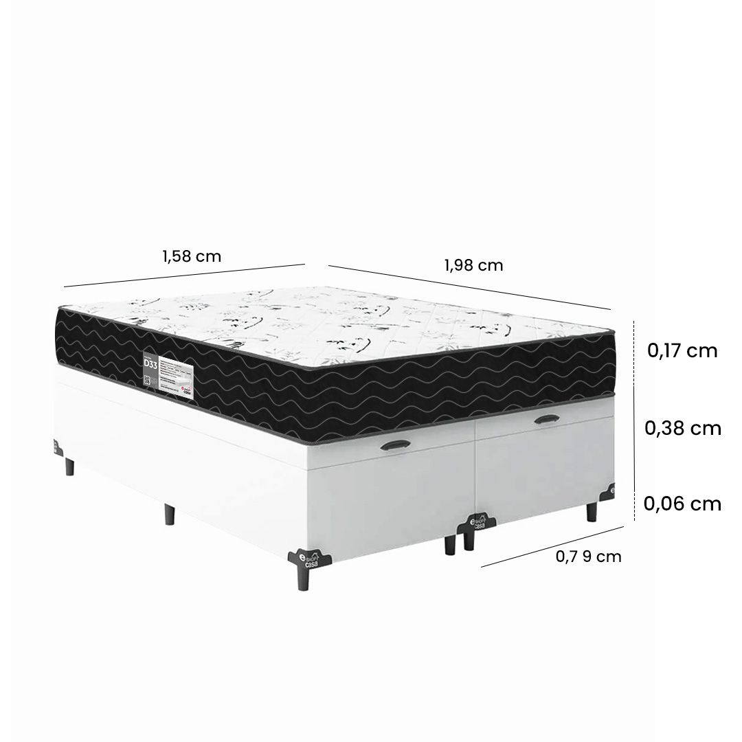 Cama Box Baú Queen Bipartido + Colchão D33 One Face - 61x158x198cm - Couro Branco