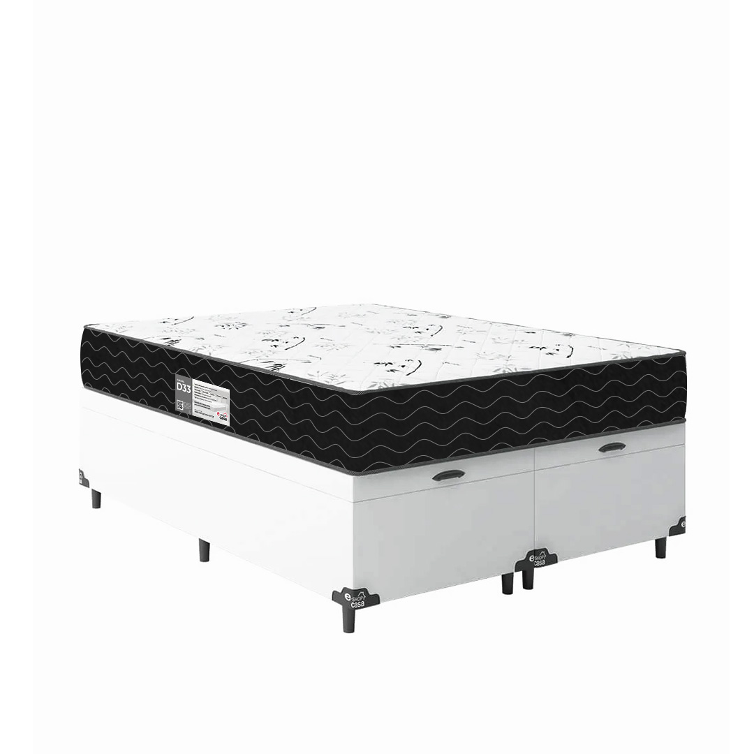 Cama Box Baú Queen Bipartido + Colchão D33 One Face - 61x158x198cm - Couro Branco