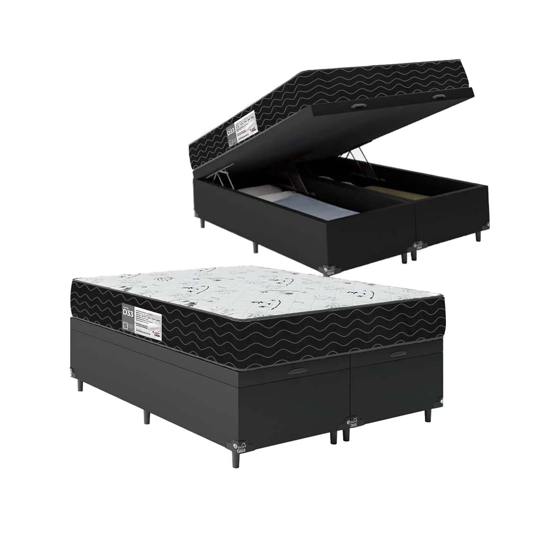 Cama Box Baú Queen Bipartido + Colchão D33 One Face - 61x158x198cm - Couro Preto