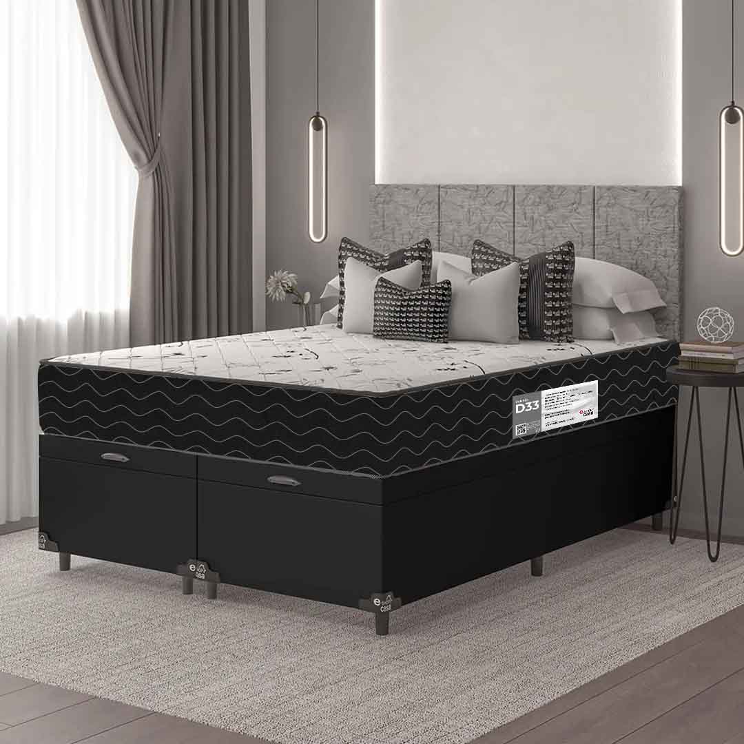 Cama Box Baú Queen Bipartido + Colchão D33 One Face - 61x158x198cm - Couro Preto