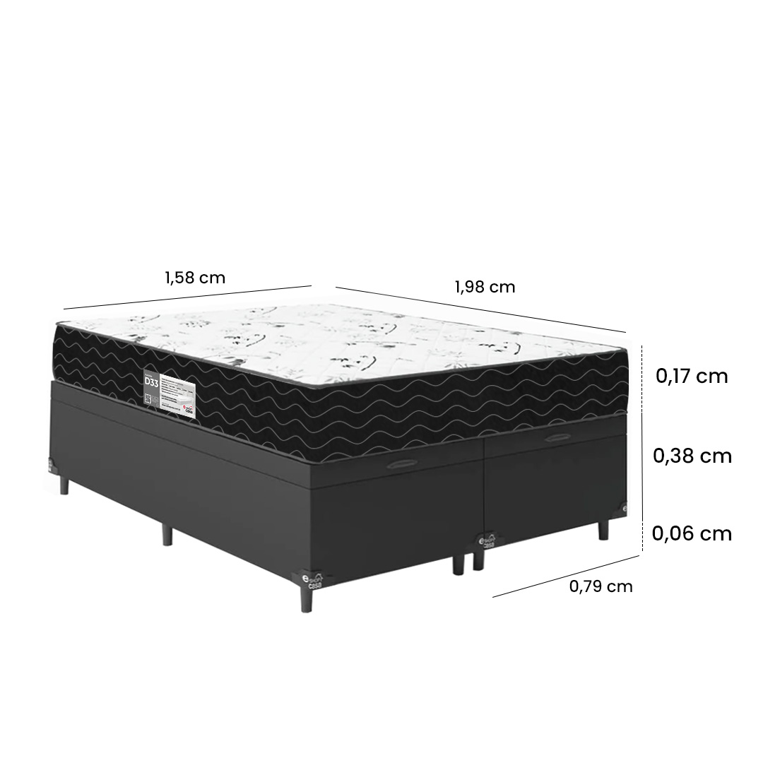 Cama Box Baú Queen Bipartido + Colchão D33 One Face - 61x158x198cm - Couro Preto