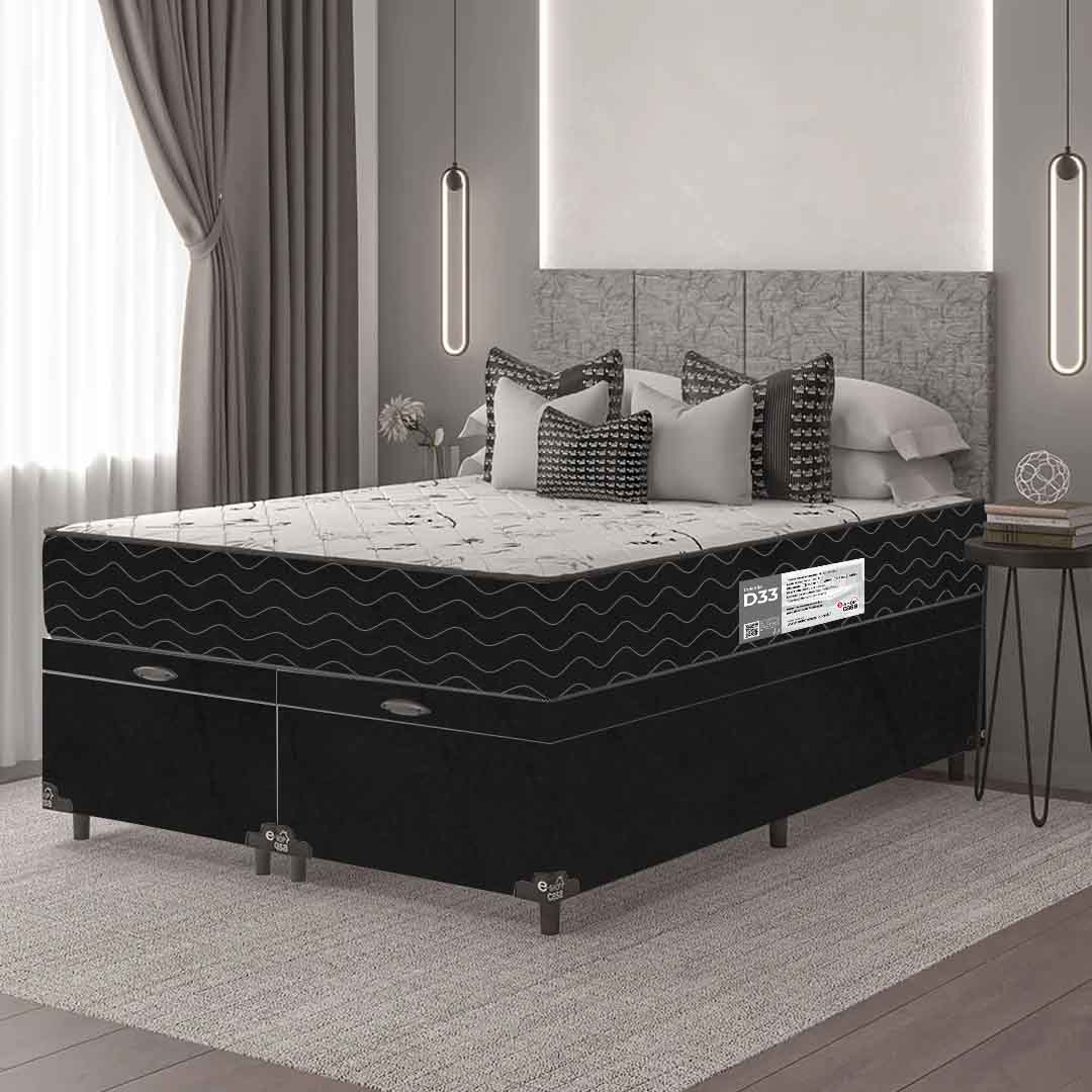 Cama Box Baú Queen Bipartido + Colchão D33 One Face - 61x158x198cm - Suede Preto