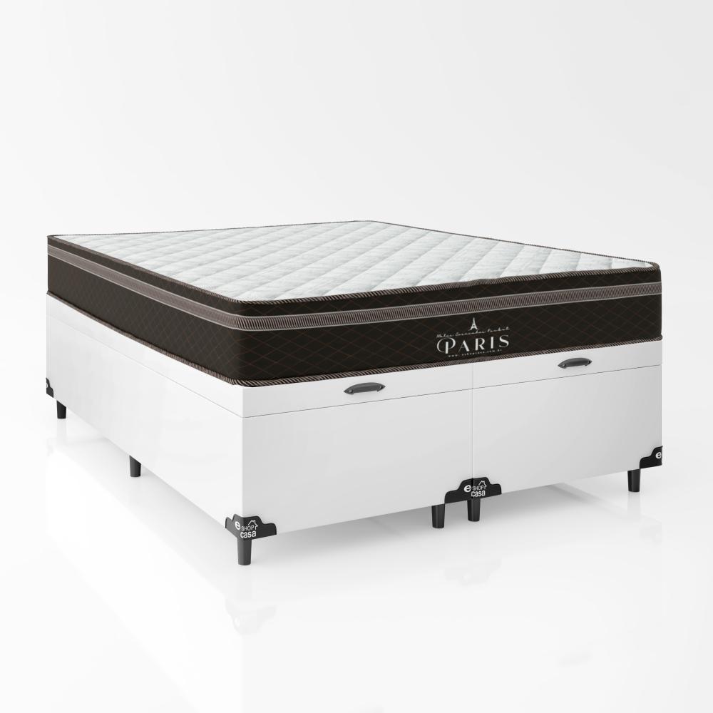 Cama Box Baú Queen Bipartido + Colchão Paris Molas Ensacadas Pocket - 66x158x198cm  - Couro Branco