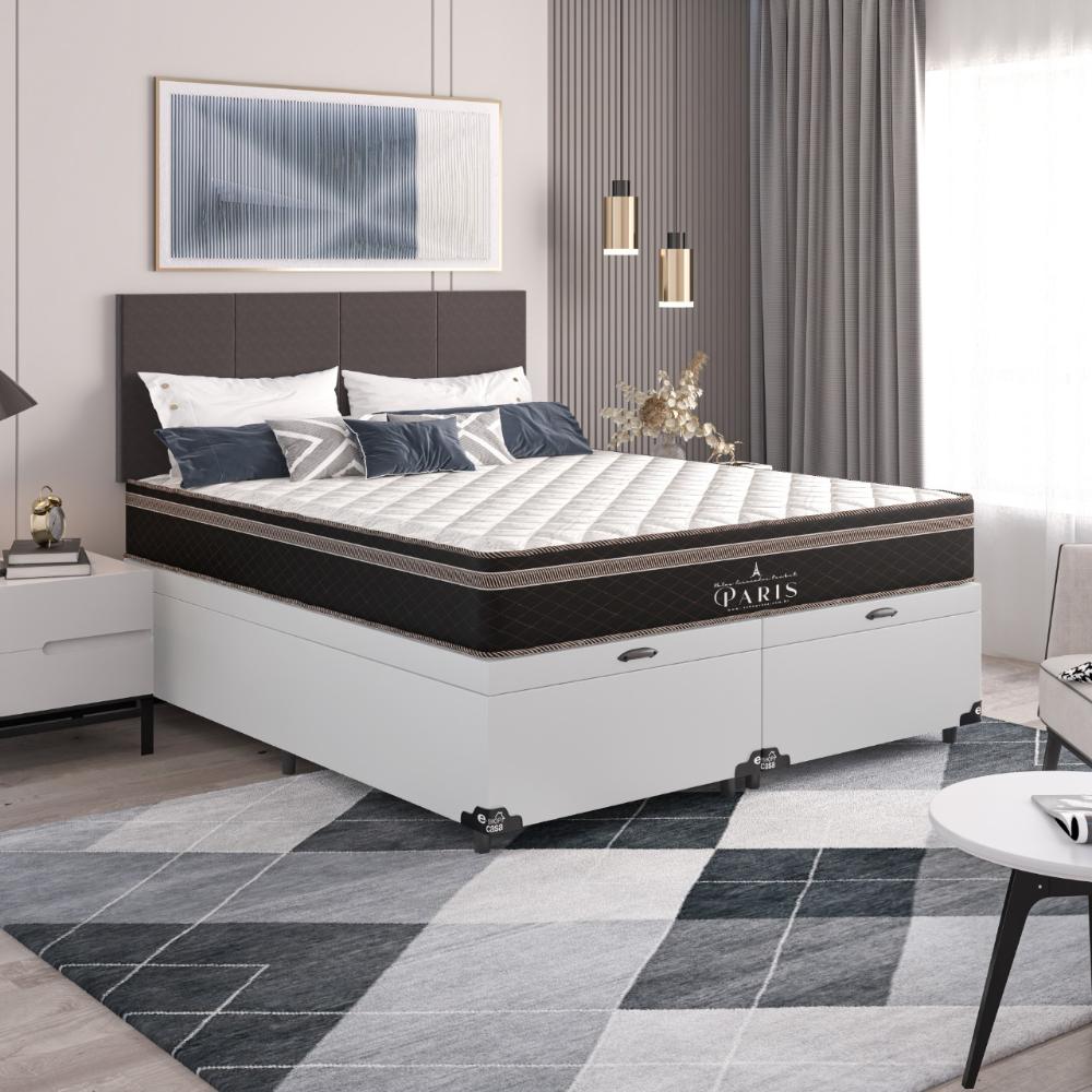 Cama Box Baú Queen Bipartido + Colchão Paris Molas Ensacadas Pocket - 66x158x198cm  - Couro Branco