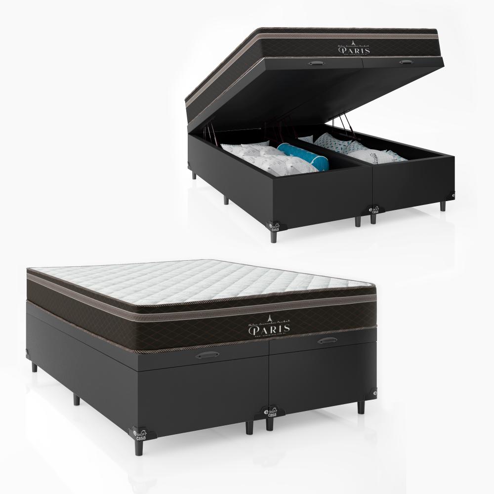 Cama Box Baú Queen Bipartido + Colchão Paris Molas Ensacadas Pocket - 66x158x198cm - Couro Preto
