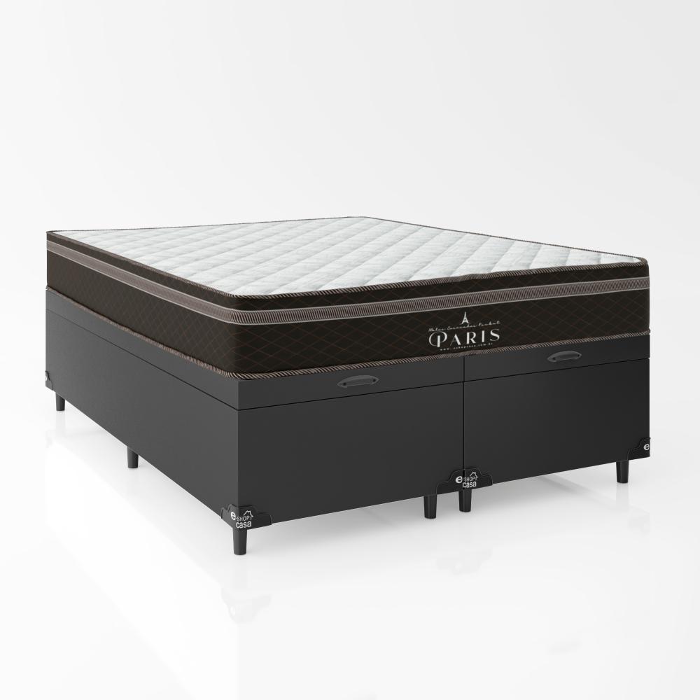 Cama Box Baú Queen Bipartido + Colchão Paris Molas Ensacadas Pocket - 66x158x198cm - Couro Preto