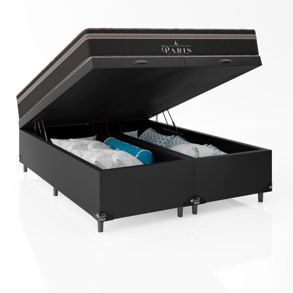 Cama Box Baú Queen Bipartido + Colchão Paris Molas Ensacadas Pocket - 66x158x198cm - Couro Preto