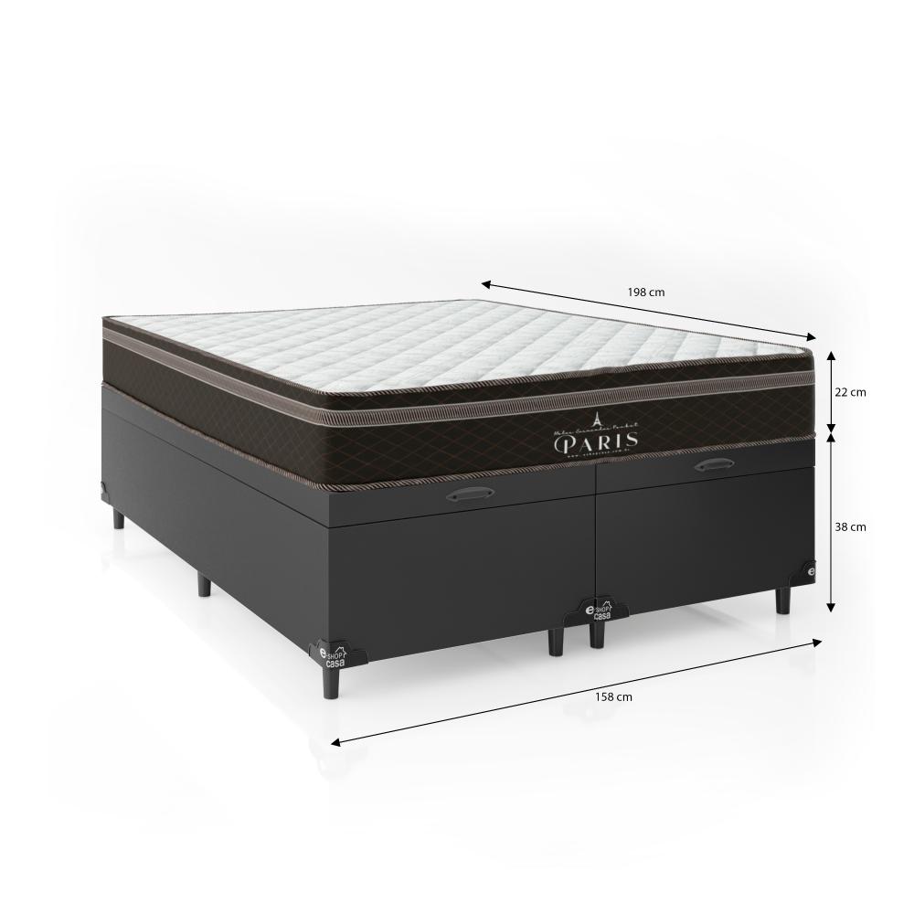 Cama Box Baú Queen Bipartido + Colchão Paris Molas Ensacadas Pocket - 66x158x198cm - Couro Preto