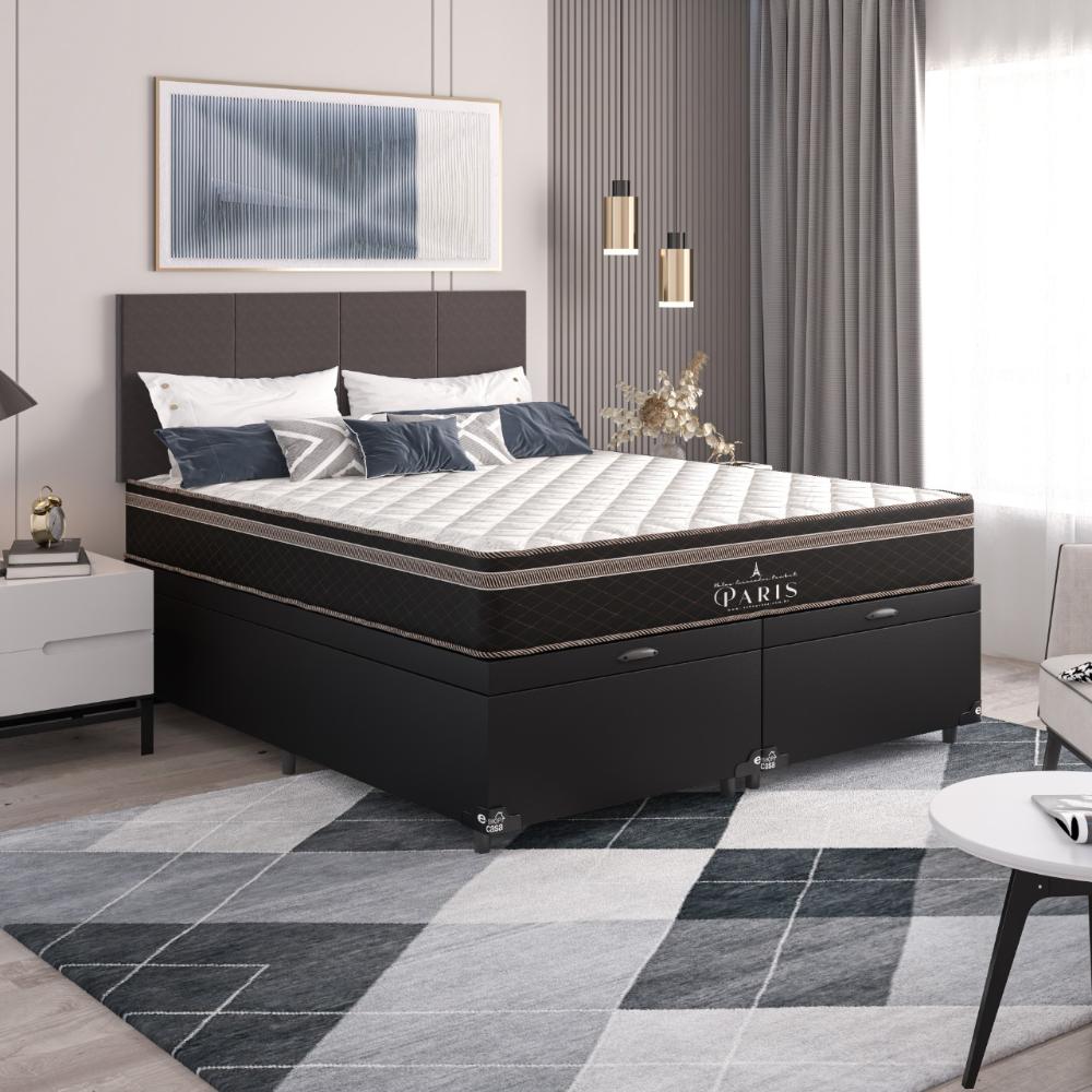 Cama Box Baú Queen Bipartido + Colchão Paris Molas Ensacadas Pocket - 66x158x198cm - Couro Preto