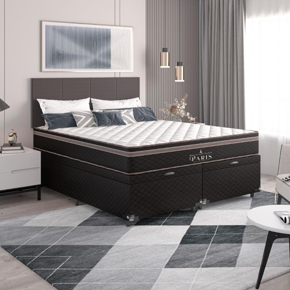 Cama Box Baú Queen Bipartido + Colchão Paris Molas Ensacadas Pocket - 66x158x198cm - Jacquard Marrom