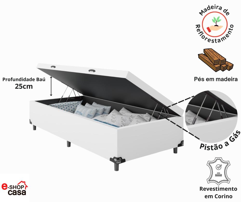 Cama Box Baú Solteiro + Colchão D33 One Face - 61x88x188cm - Couro Branco