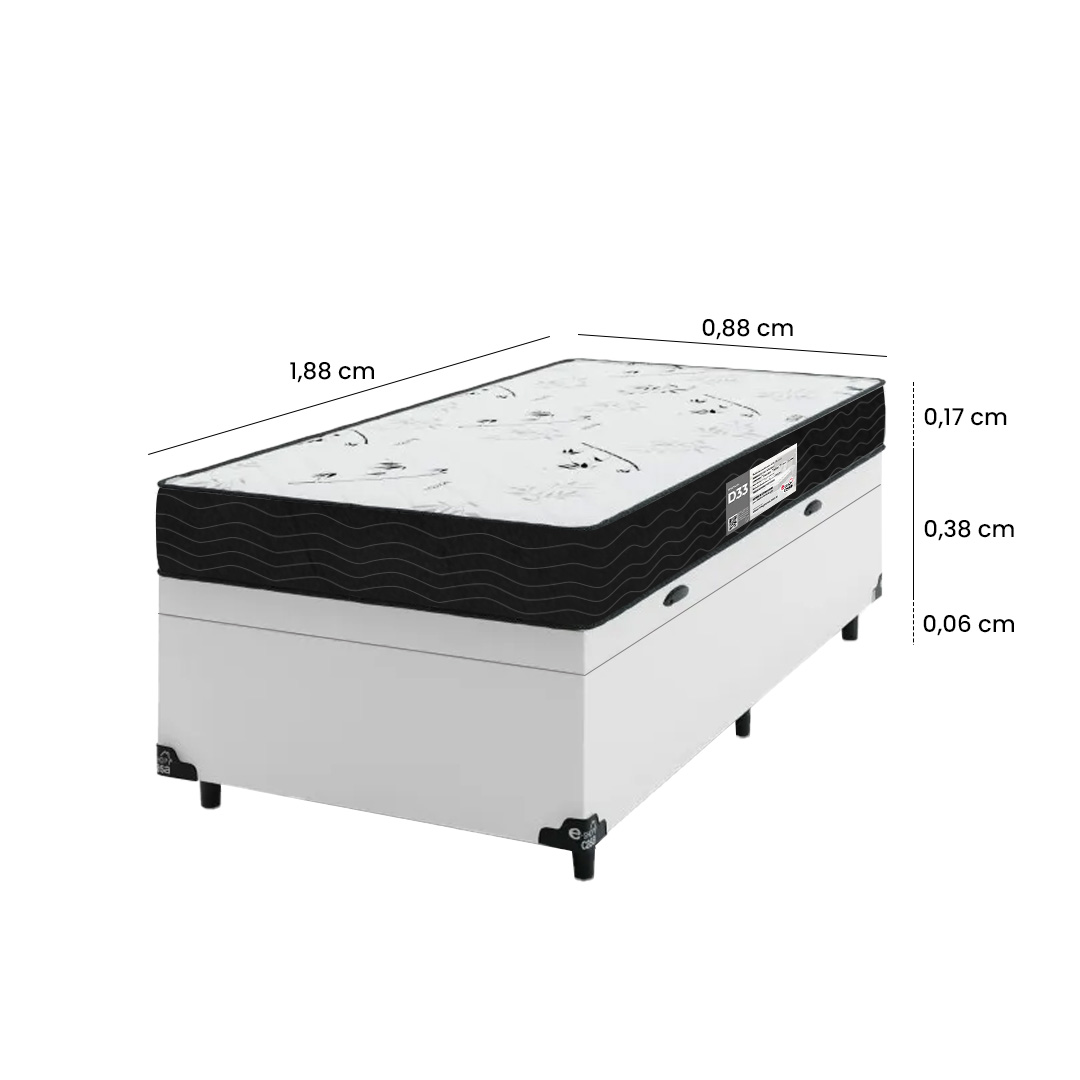 Cama Box Baú Solteiro + Colchão D33 One Face - 61x88x188cm - Couro Branco
