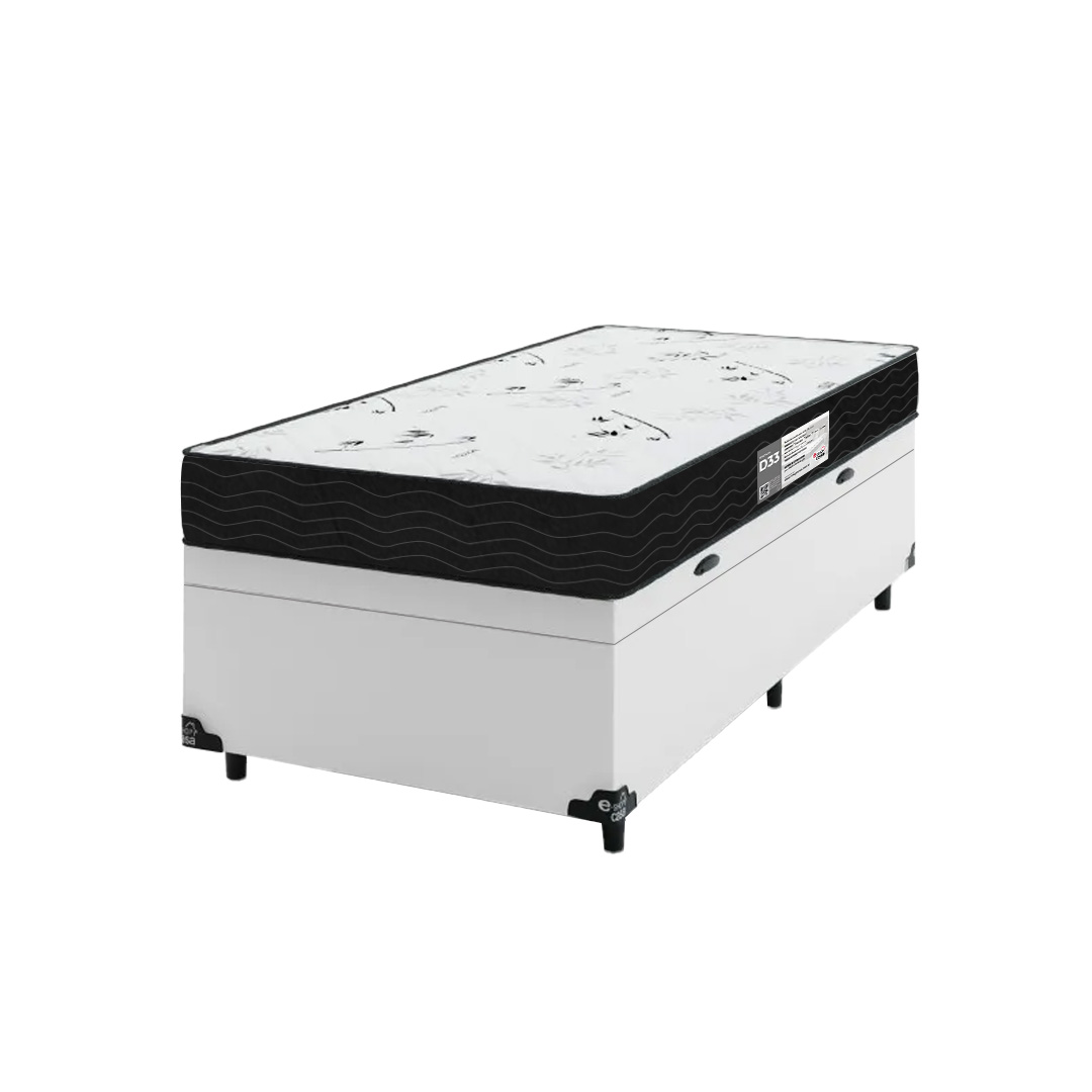Cama Box Baú Solteiro + Colchão D33 One Face - 61x88x188cm - Couro Branco