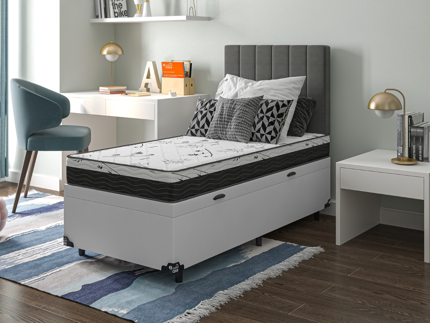 Cama Box Baú Solteiro + Colchão D33 One Face - 61x88x188cm - Couro Branco