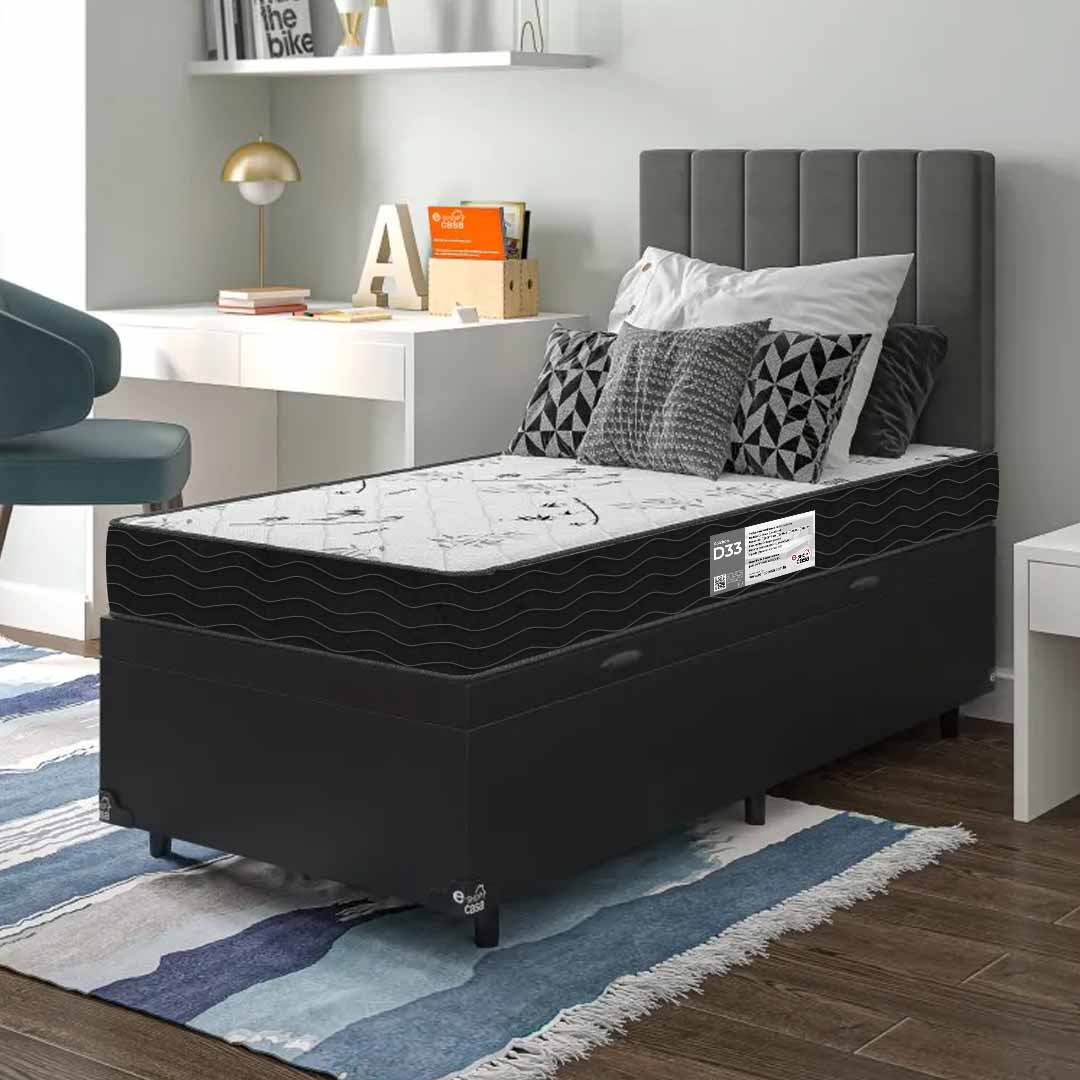 Cama Box Baú Solteiro + Colchão D33 One Face - 61x88x188cm - Couro Preto