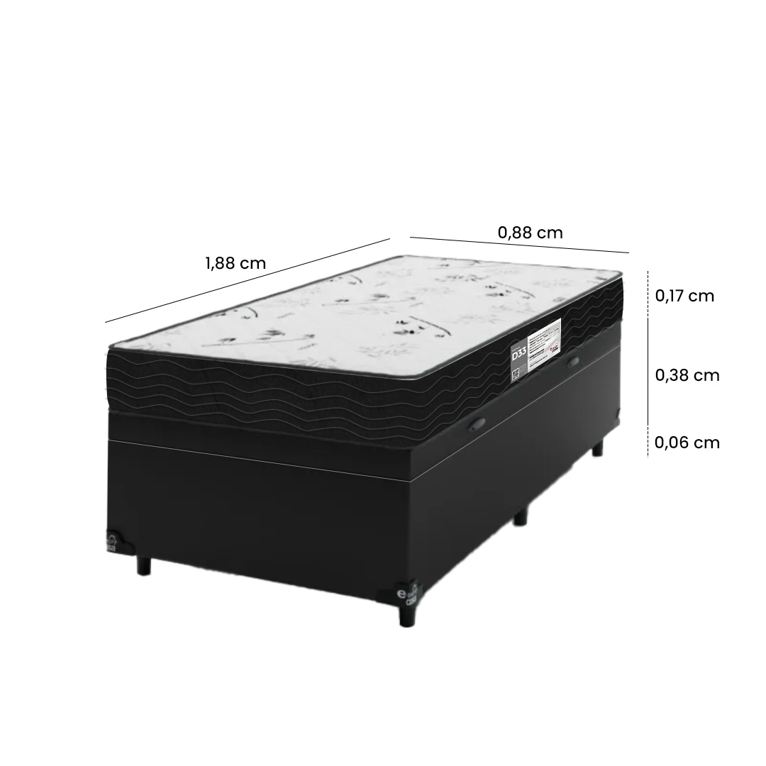 Cama Box Baú Solteiro + Colchão D33 One Face - 61x88x188cm - Couro Preto