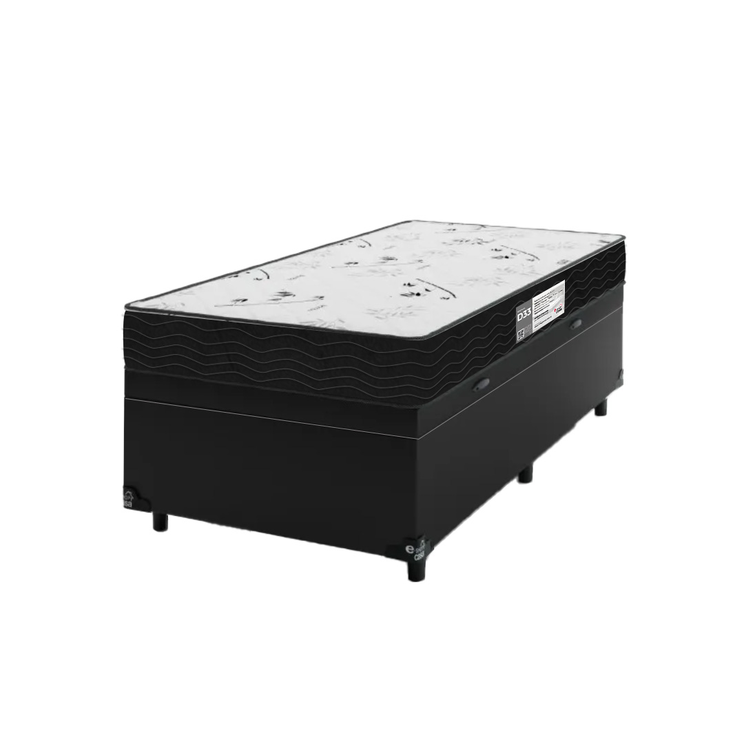 Cama Box Baú Solteiro + Colchão D33 One Face - 61x88x188cm - Couro Preto