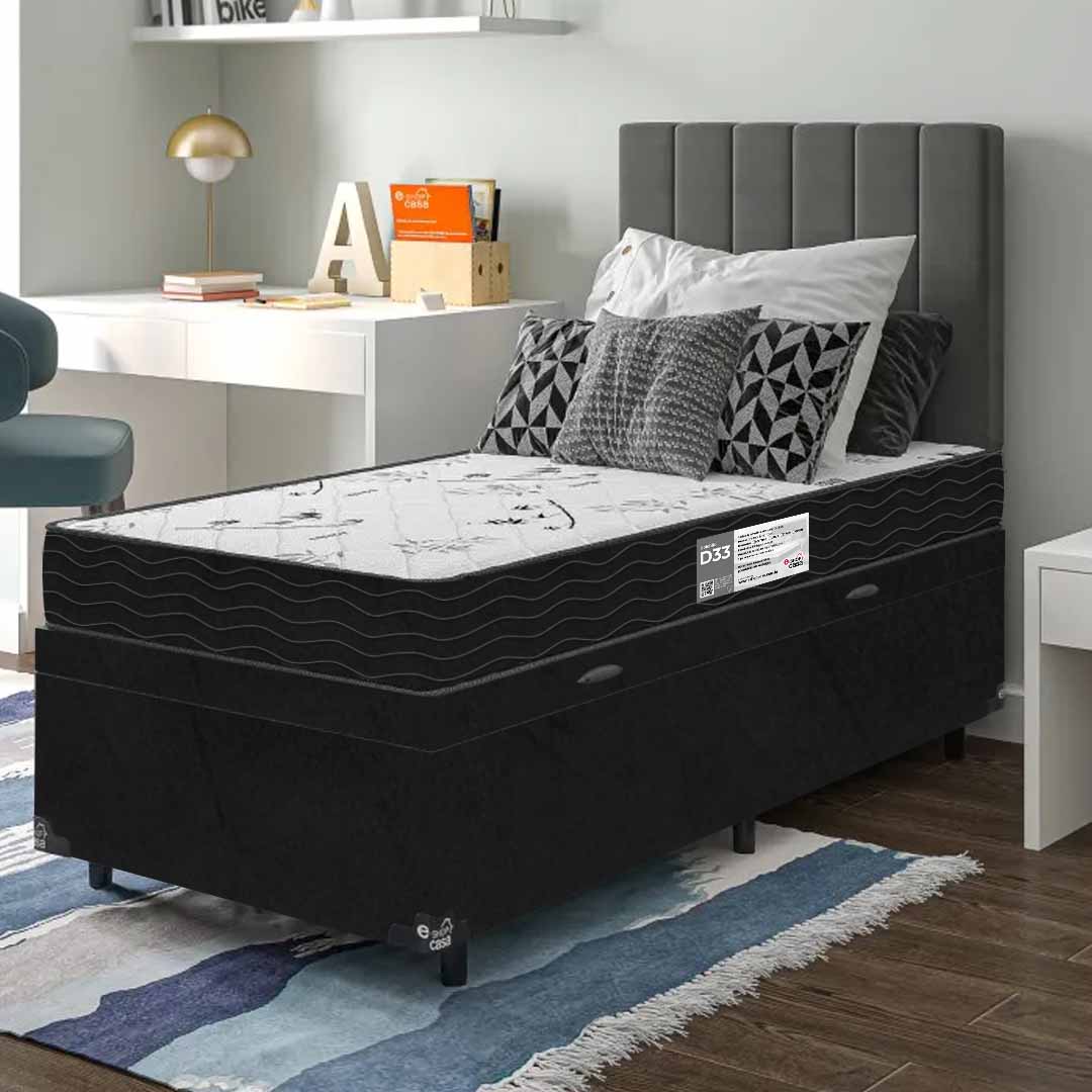 Cama Box Baú Solteiro + Colchão D33 One Face - 61x88x188cm - Suede Preto