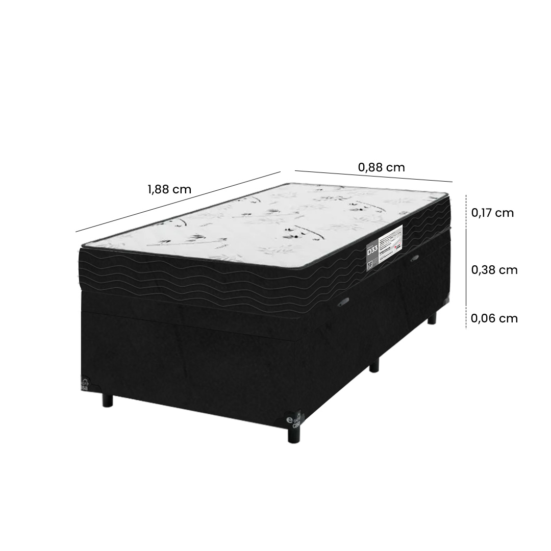 Cama Box Baú Solteiro + Colchão D33 One Face - 61x88x188cm - Suede Preto