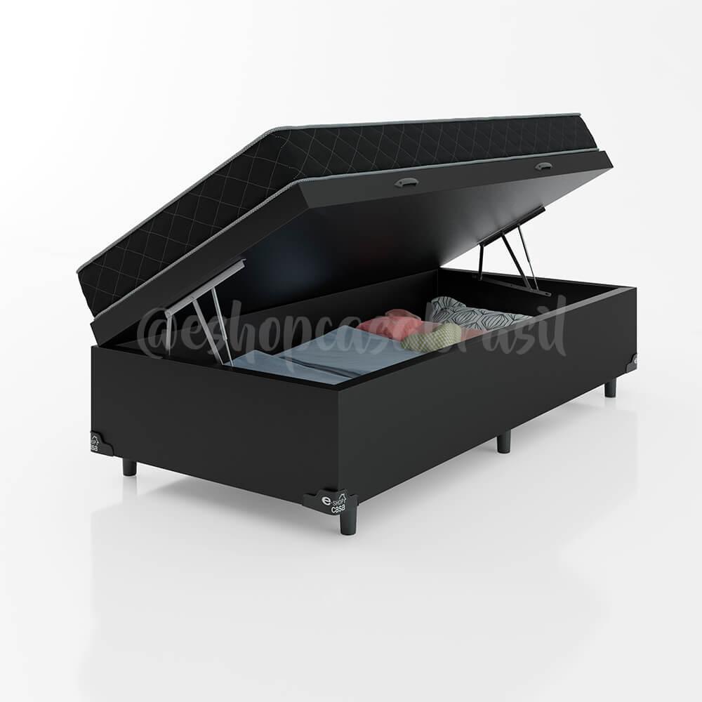 Cama Box Baú Solteiro + Colchão Espuma D20 - 56x88x188cm - Couro Preto