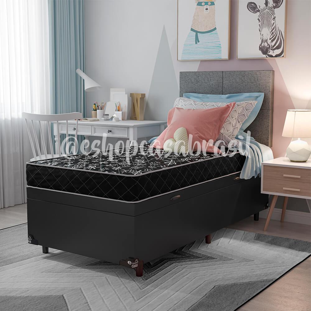 Cama Box Baú Solteiro + Colchão Espuma D20 - 56x88x188cm - Couro Preto
