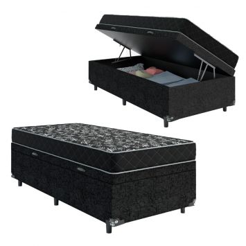 Cama Box Baú Solteiro + Colchão Espuma D20 - 56x88x188cm - Suede Preto