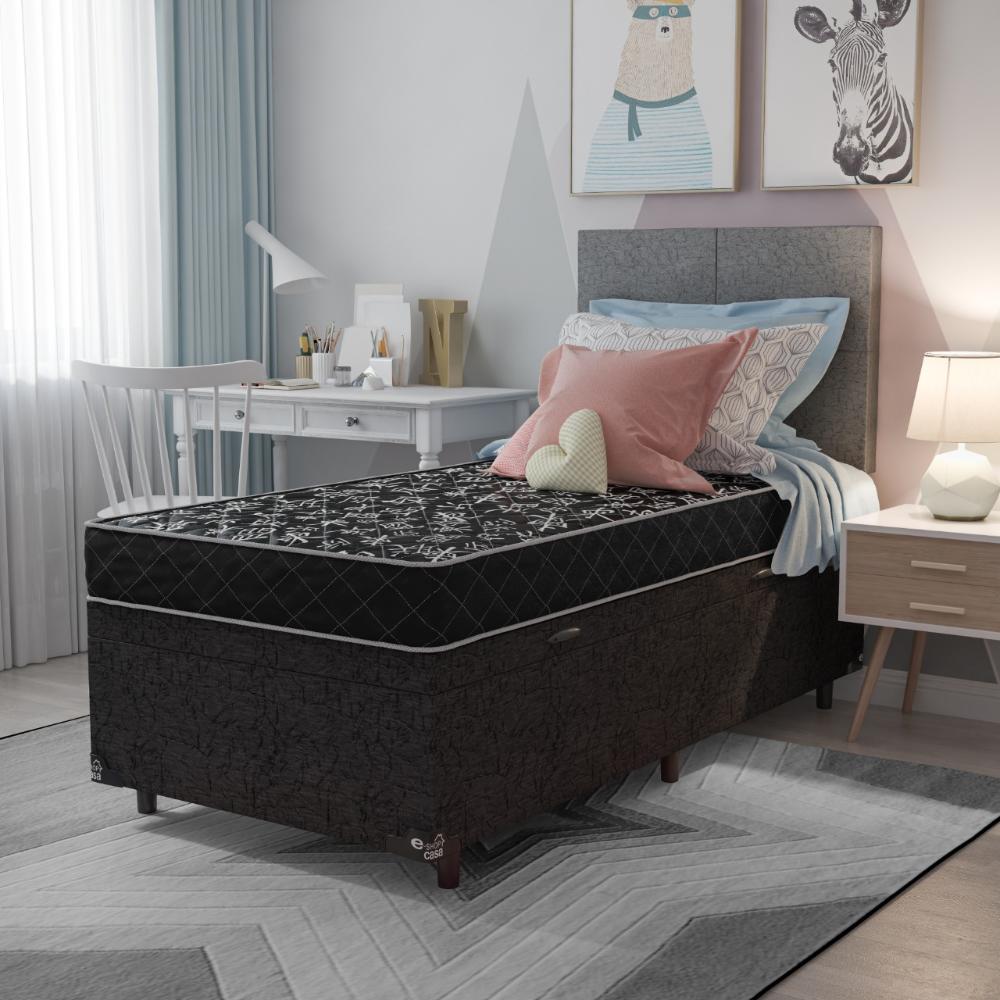 Cama Box Baú Solteiro + Colchão Espuma D20 - 56x88x188cm - Suede Preto