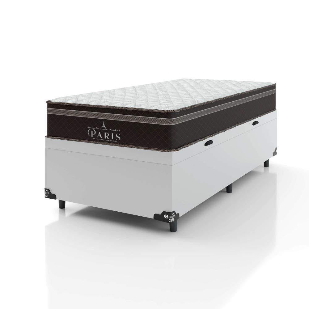Cama Box Baú Solteiro + Colchão Paris Molas Ensacadas Pocket - 66x88x188cm - Couro Branco