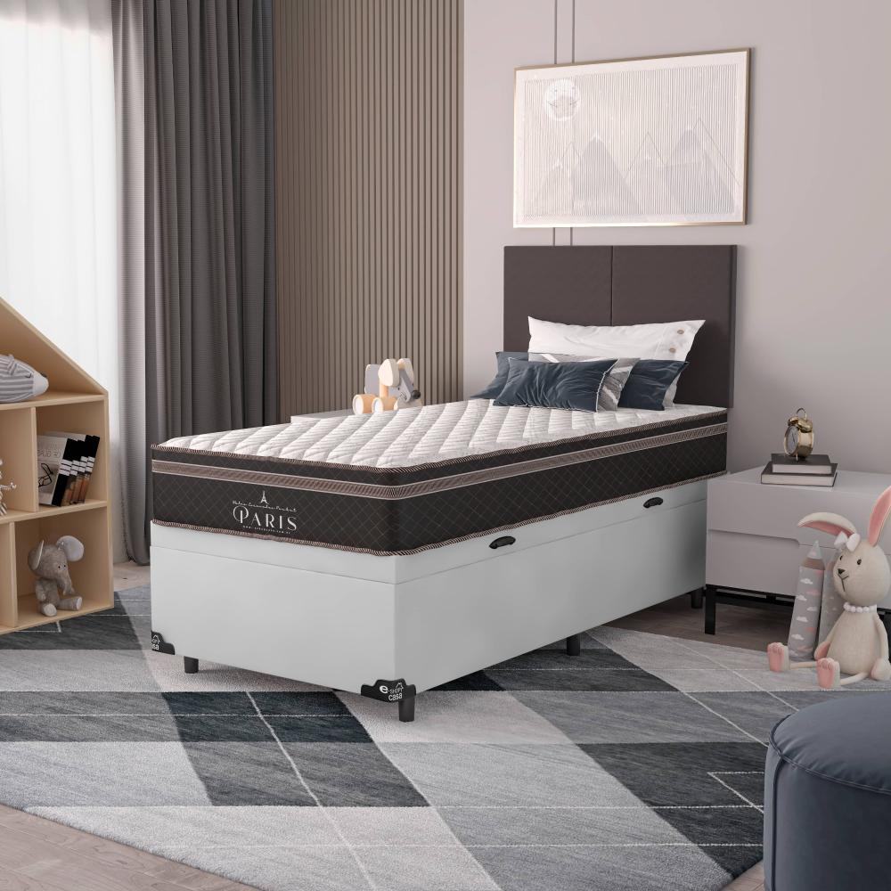 Cama Box Baú Solteiro + Colchão Paris Molas Ensacadas Pocket - 66x88x188cm - Couro Branco