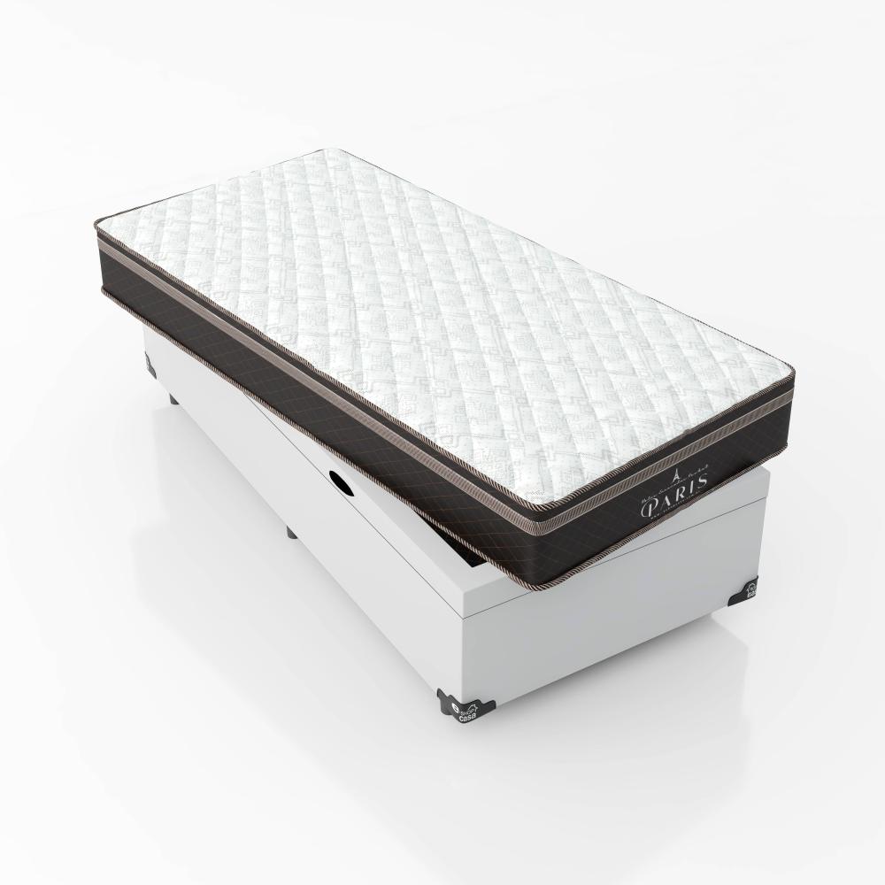Cama Box Baú Solteiro + Colchão Paris Molas Ensacadas Pocket - 66x88x188cm - Couro Branco