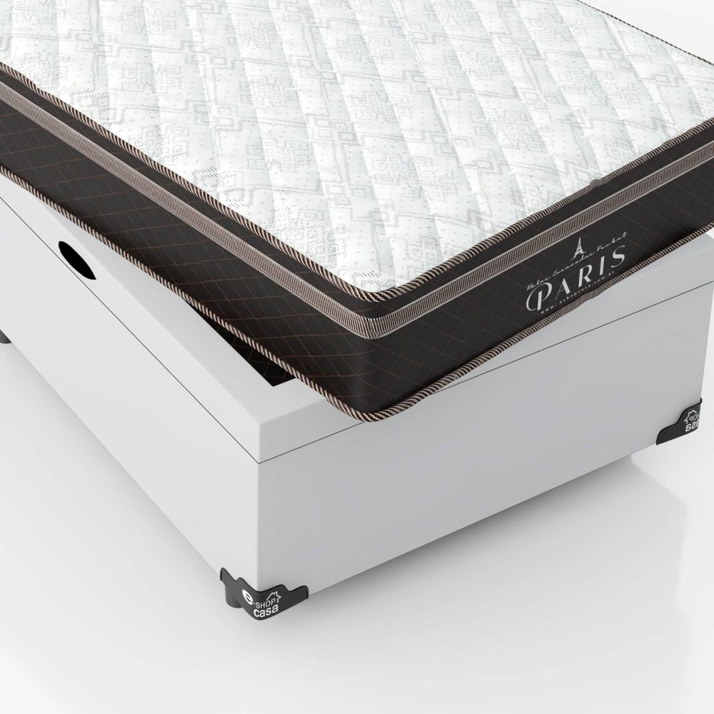Cama Box Baú Solteiro + Colchão Paris Molas Ensacadas Pocket - 66x88x188cm - Couro Branco