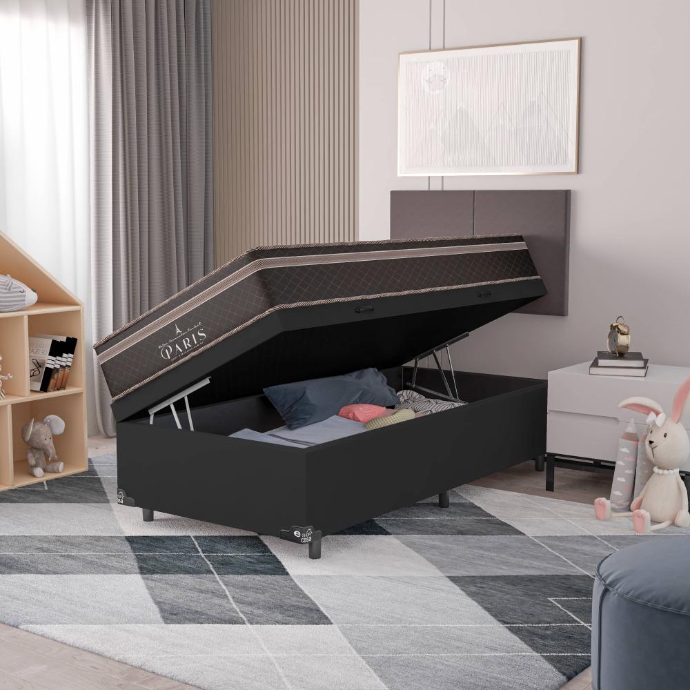 Cama Box Baú Solteiro + Colchão Paris Molas Ensacadas Pocket - 66x88x188cm - Couro Preto