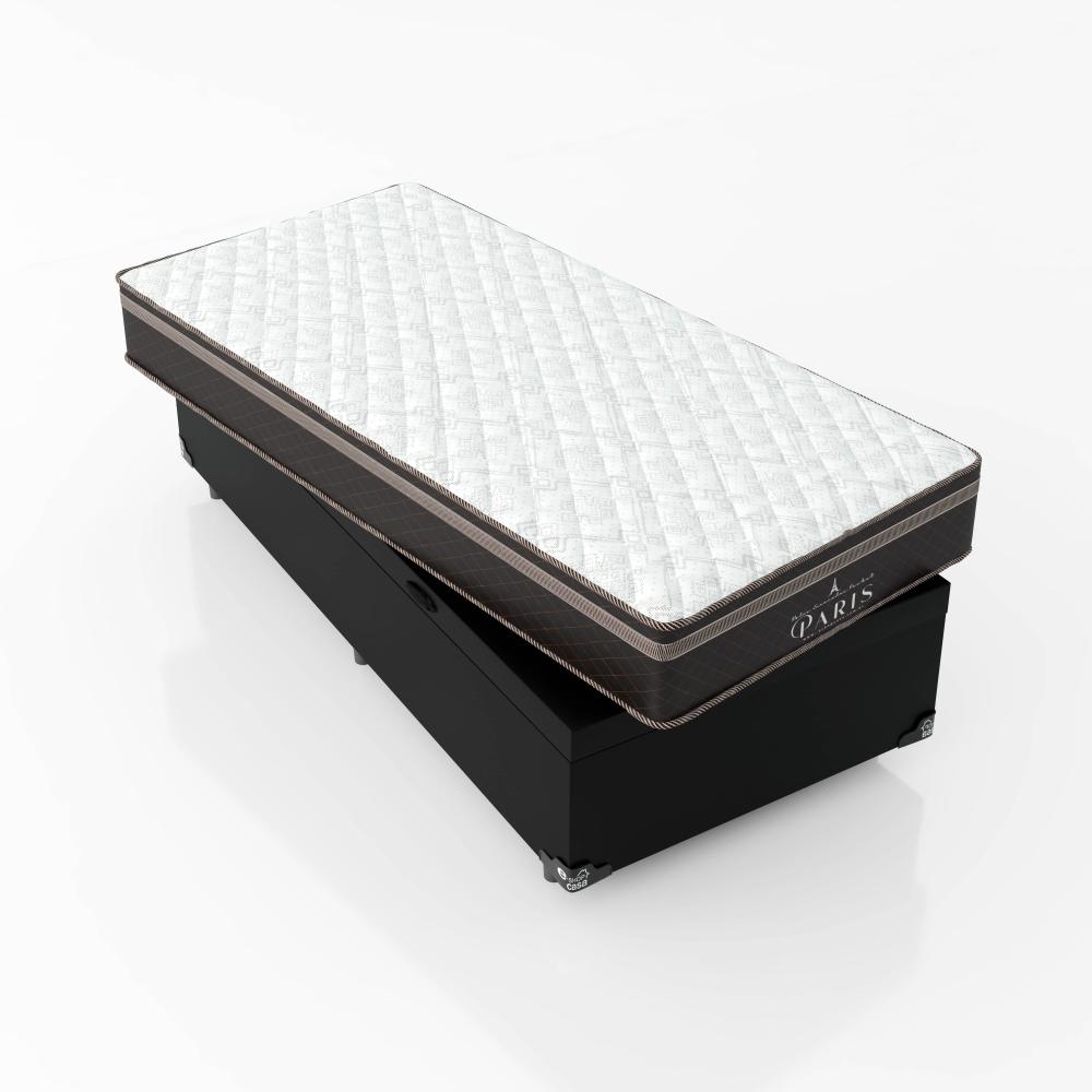 Cama Box Baú Solteiro + Colchão Paris Molas Ensacadas Pocket - 66x88x188cm - Couro Preto