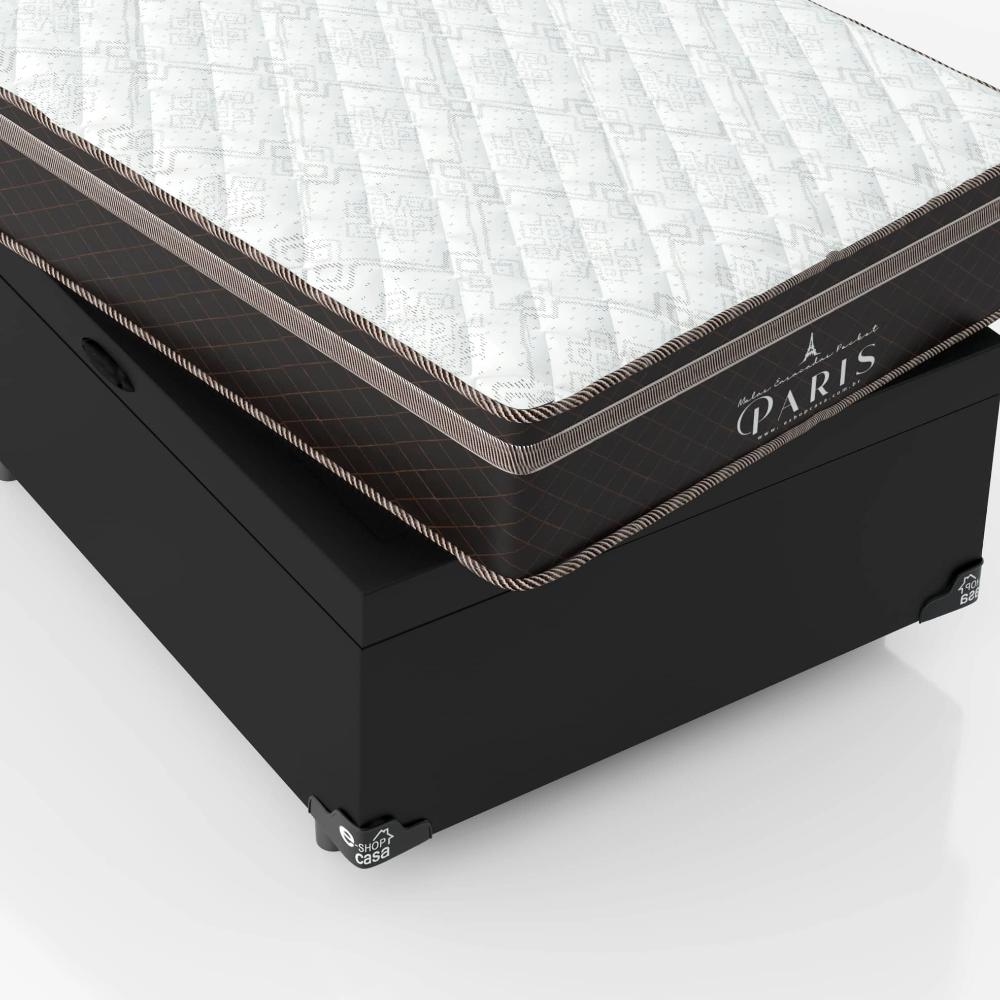 Cama Box Baú Solteiro + Colchão Paris Molas Ensacadas Pocket - 66x88x188cm - Couro Preto