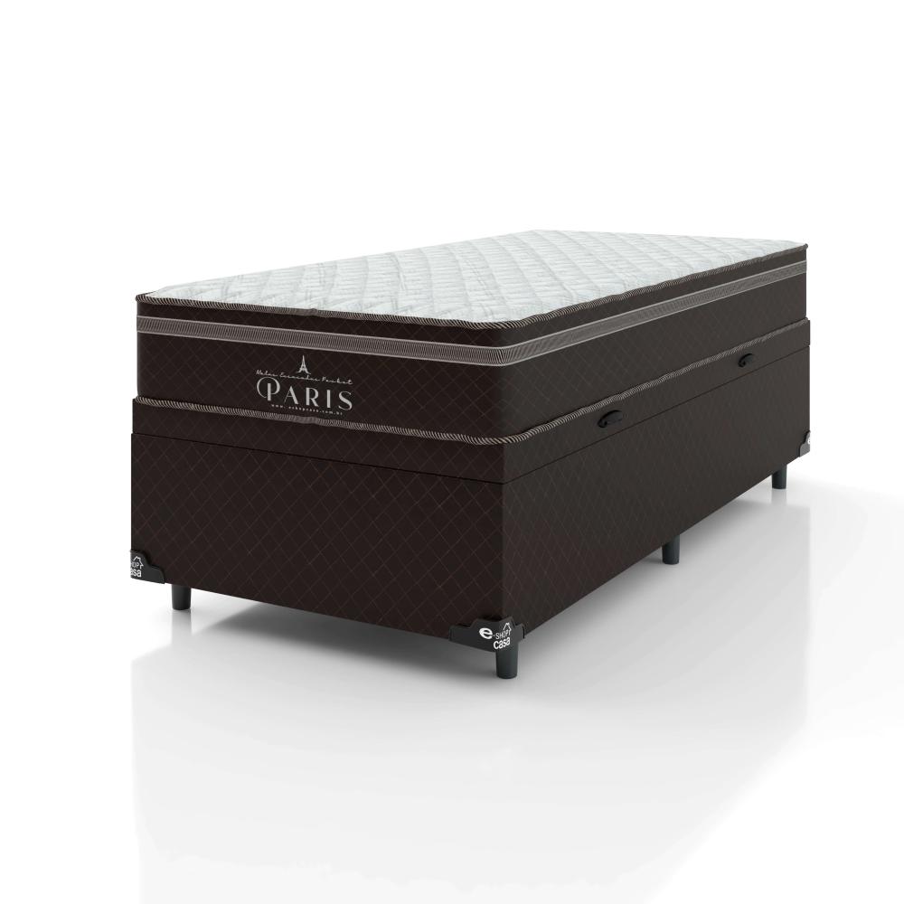 Cama Box Baú Solteiro + Colchão Paris Molas Ensacadas Pocket - 66x88x188cm - Jacquard Marrom