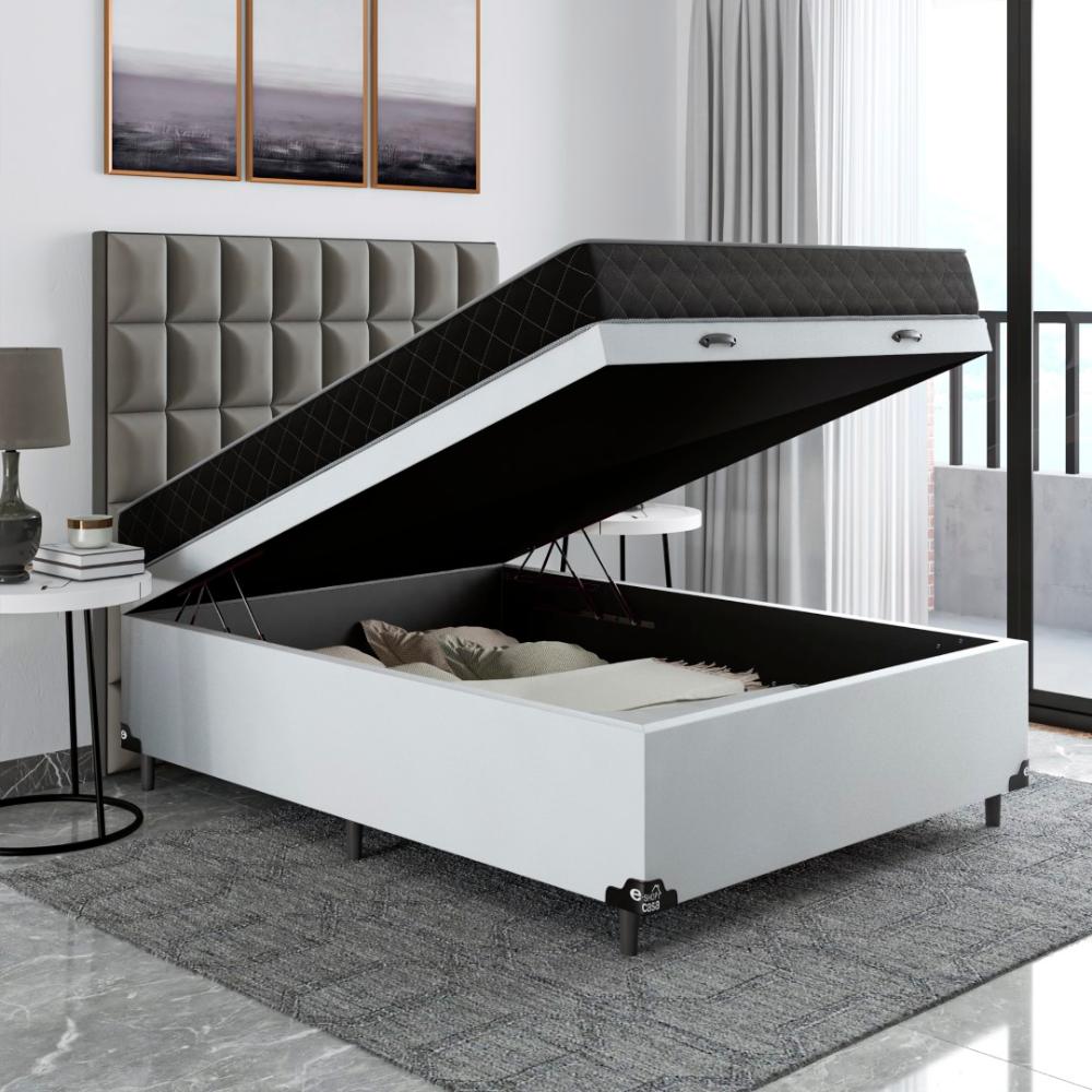 Cama Box Baú Viúva + Colchão D20 - 56x128x188cm - Couro Branco