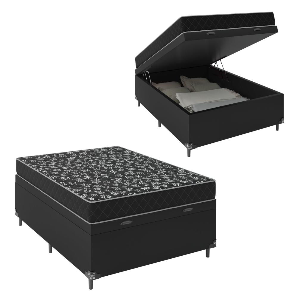 Cama Box Baú Viúva + Colchão D20 - 56x128x188cm - Couro Preto