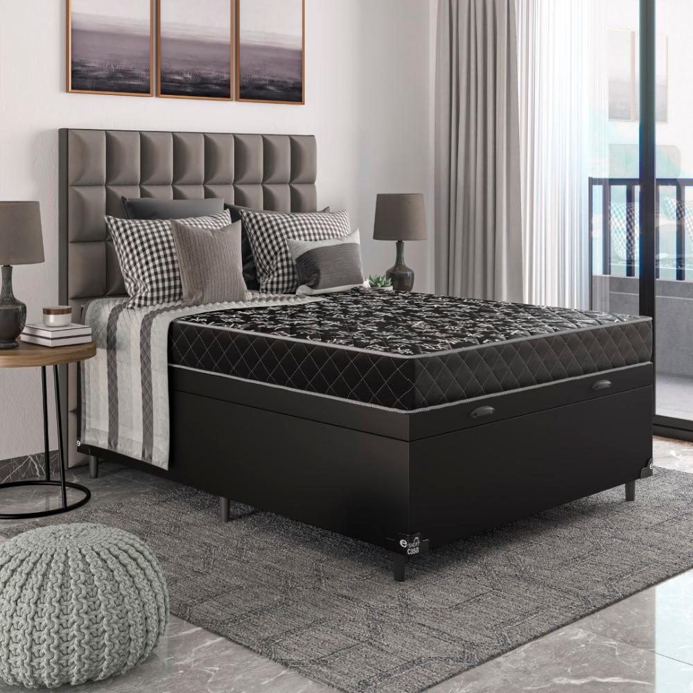 Cama Box Baú Viúva + Colchão D20 - 56x128x188cm - Couro Preto