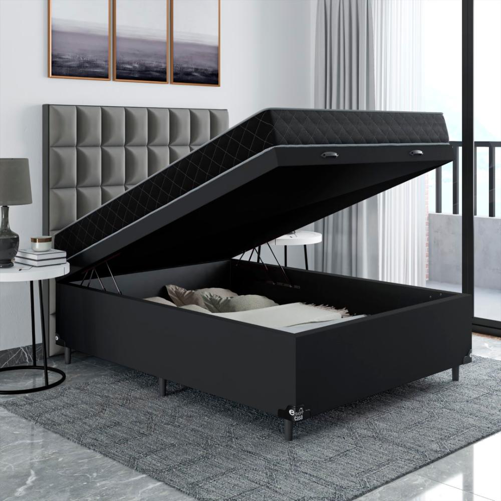 Cama Box Baú Viúva + Colchão D20 - 56x128x188cm - Couro Preto