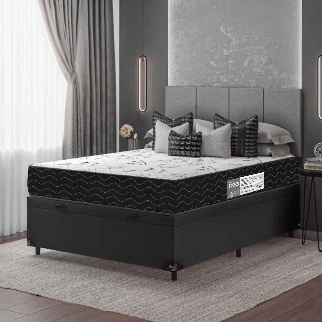 Cama Box Baú Viúva + Colchão D33 One Face - 61x128x188cm - Couro Preto