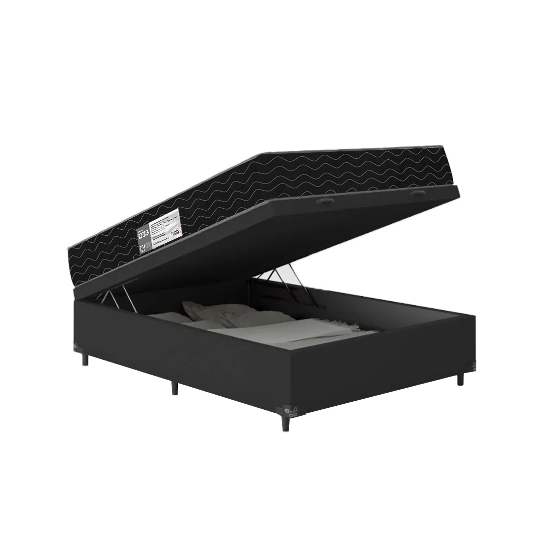 Cama Box Baú Viúva + Colchão D33 One Face - 61x128x188cm - Couro Preto