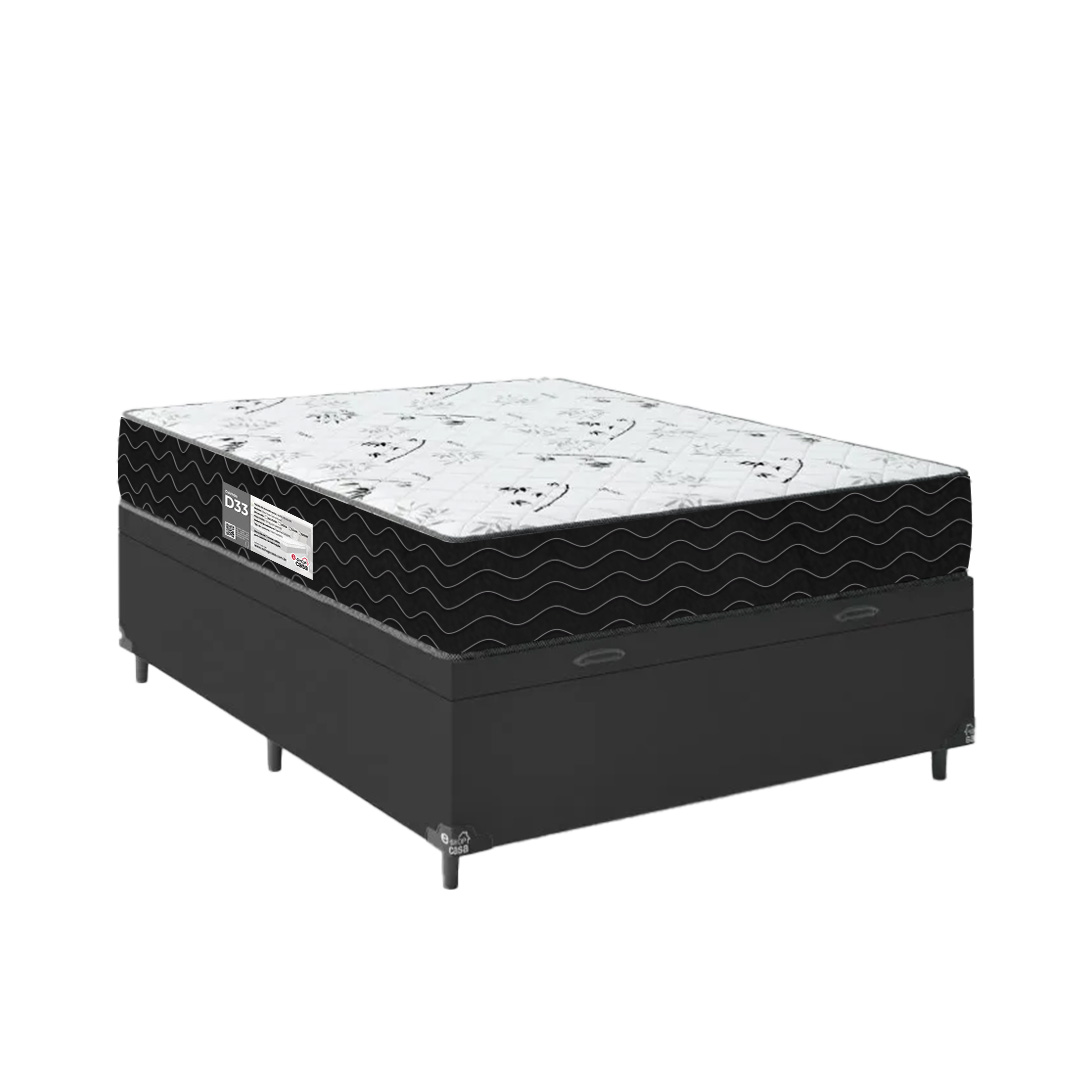 Cama Box Baú Viúva + Colchão D33 One Face - 61x128x188cm - Couro Preto