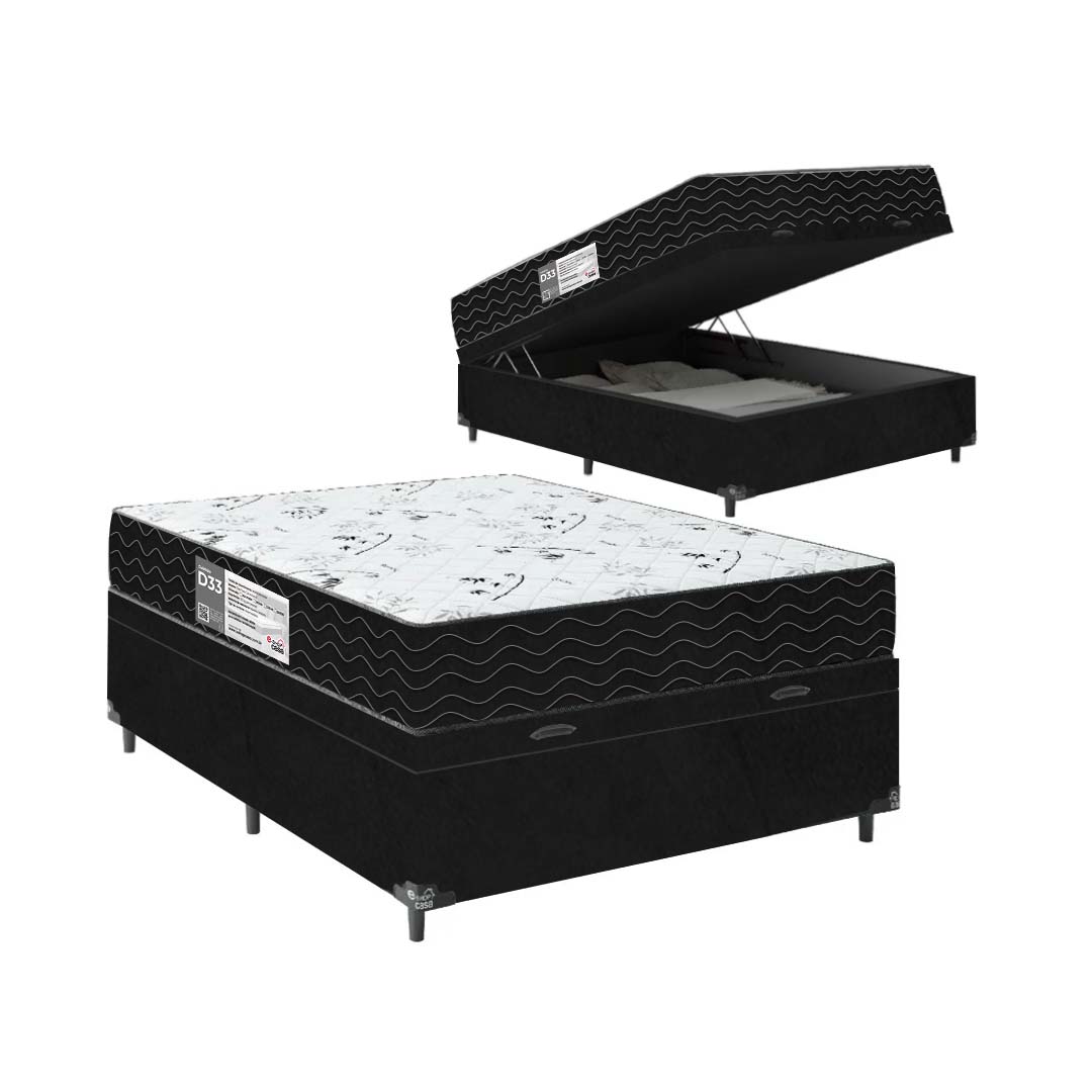 Cama Box Baú Viúva + Colchão D33 One Face - 61x128x188cm - Suede Preto