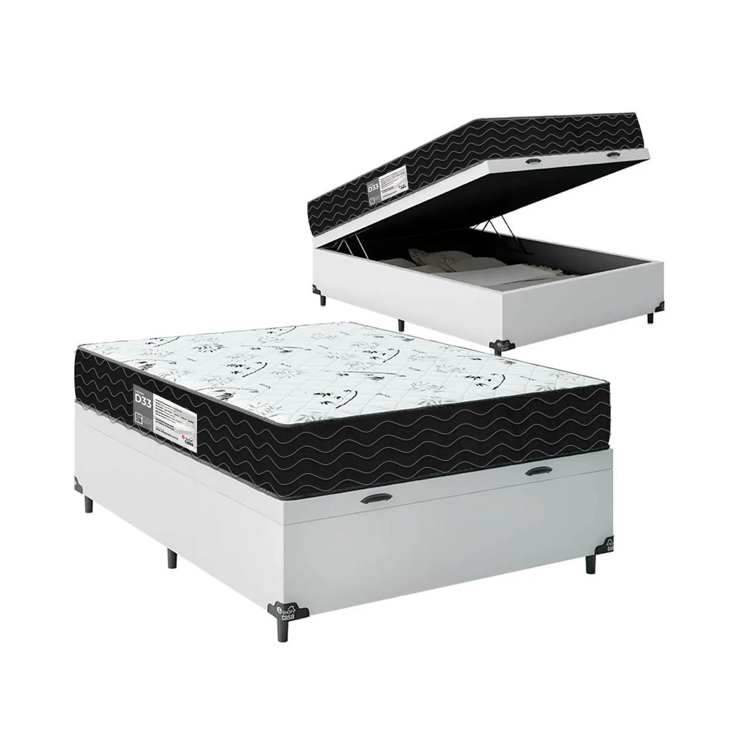 Cama Box Baú Viúva + Colchão D33 One Face - Couro Branco