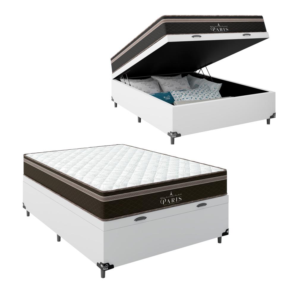 Cama Box Baú Viúva + Colchão Paris Molas Ensacadas Pocket - 66x128x188cm - Couro Branco