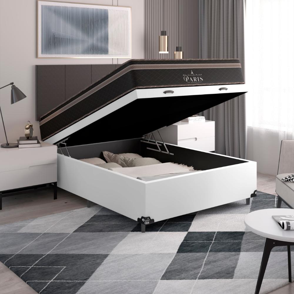 Cama Box Baú Viúva + Colchão Paris Molas Ensacadas Pocket - 66x128x188cm - Couro Branco