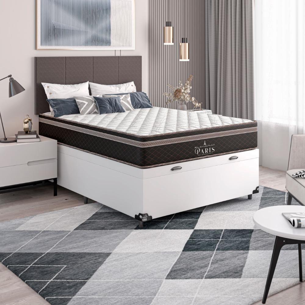 Cama Box Baú Viúva + Colchão Paris Molas Ensacadas Pocket - 66x128x188cm - Couro Branco