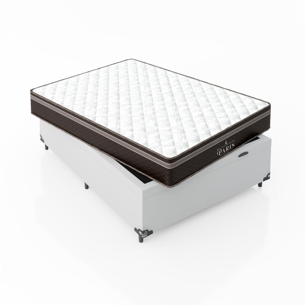 Cama Box Baú Viúva + Colchão Paris Molas Ensacadas Pocket - 66x128x188cm - Couro Branco