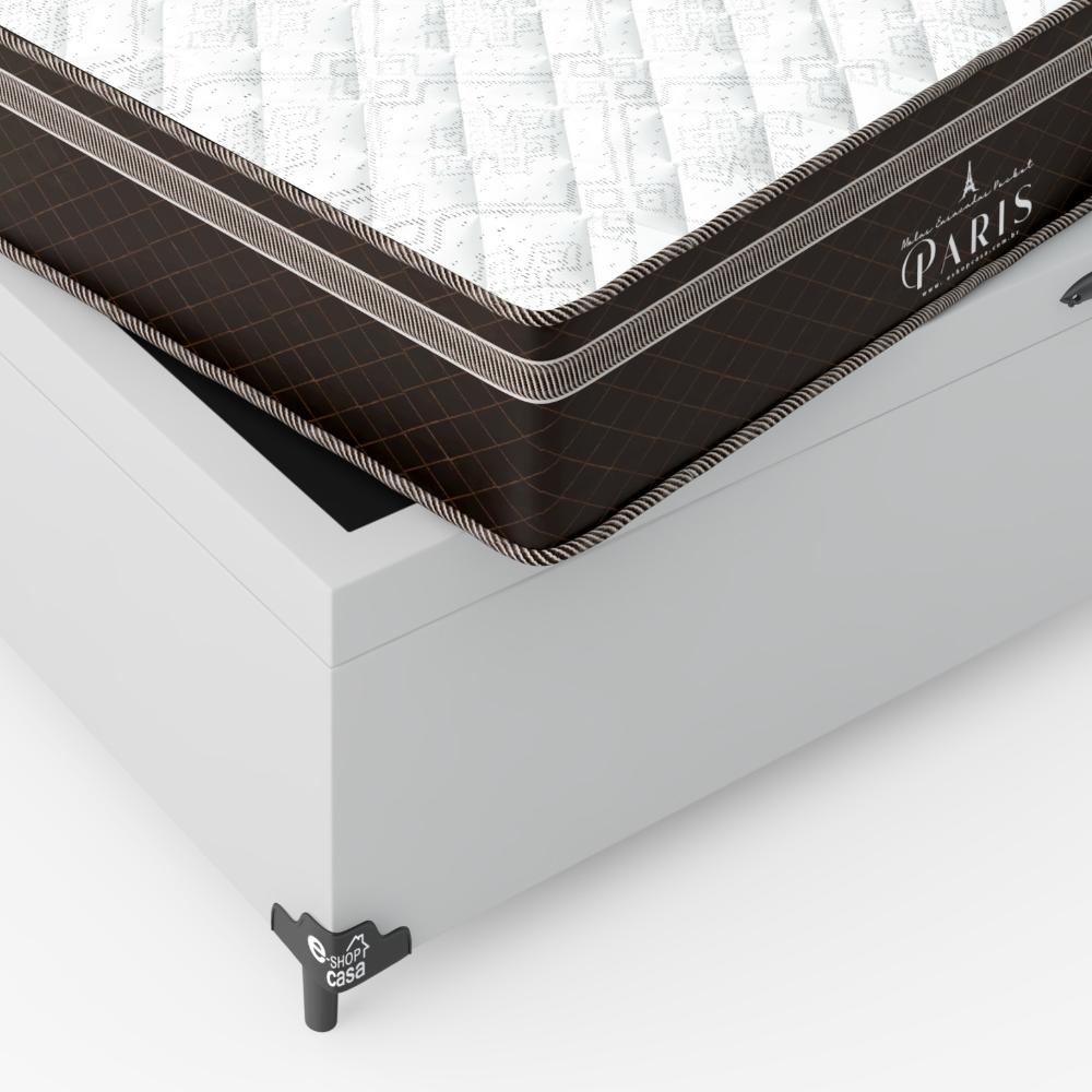 Cama Box Baú Viúva + Colchão Paris Molas Ensacadas Pocket - 66x128x188cm - Couro Branco