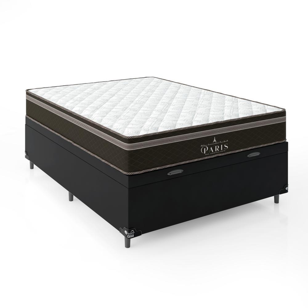 Cama Box Baú Viúva + Colchão Paris Molas Ensacadas Pocket - 66x128x188cm - Couro Preto